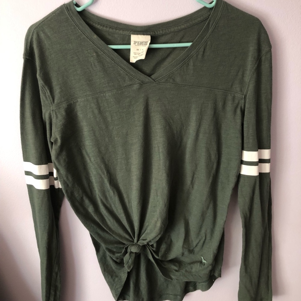 PINK VS olive striped v neck top